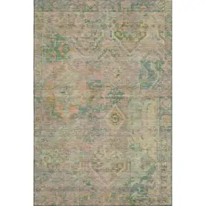 Photo of Green Teal And Orange Floral Washable Area Rug With UV Protection