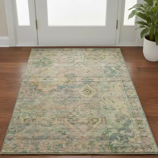Green Teal And Orange Floral Washable Area Rug With UV Protection Photo 2