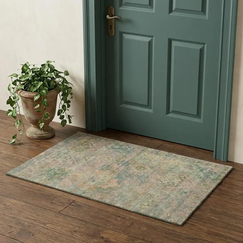 Green Teal And Orange Floral Washable Area Rug With UV Protection Photo 1