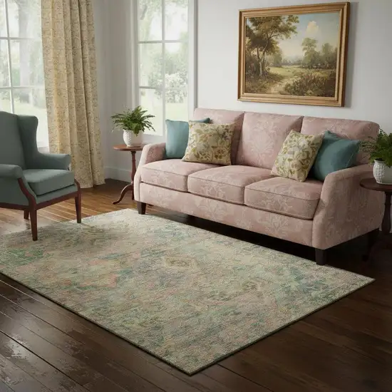 Green Teal And Orange Floral Washable Area Rug With UV Protection Photo 2