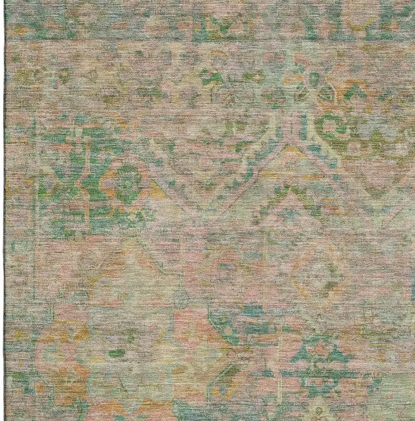 Green Teal And Orange Floral Washable Area Rug With UV Protection Photo 2