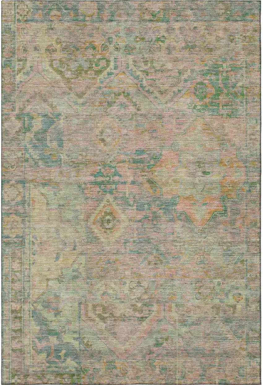 Green Teal And Orange Floral Washable Area Rug With UV Protection Photo 3