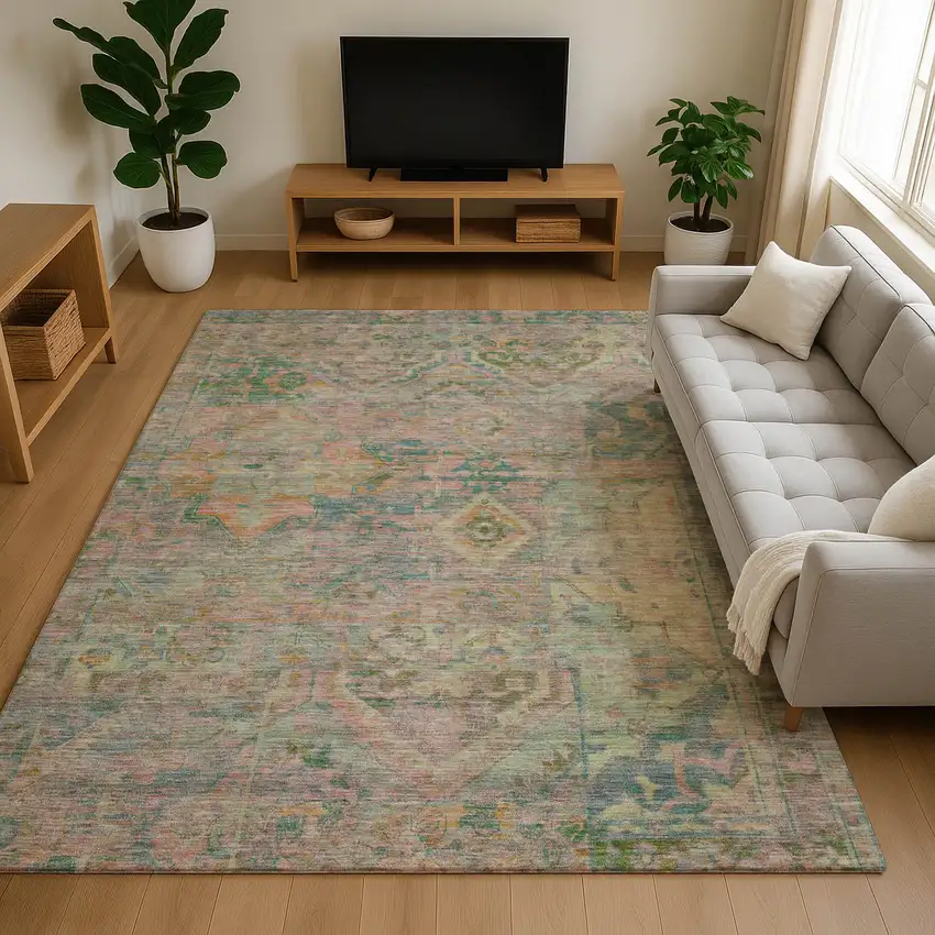 Green Teal And Orange Floral Washable Area Rug With UV Protection Photo 4