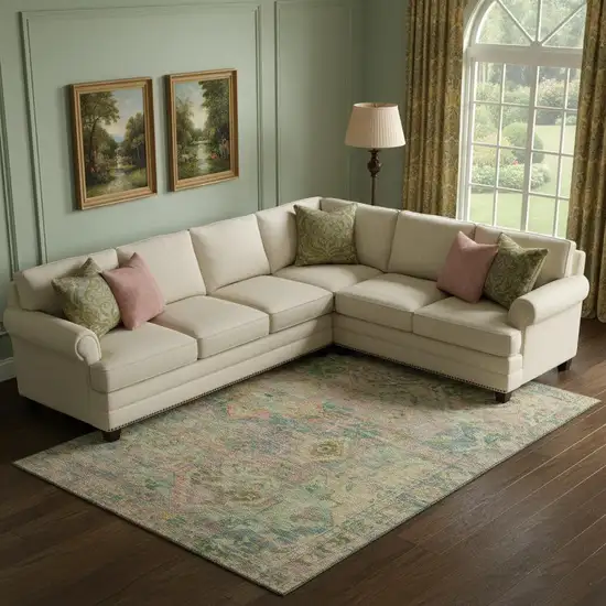 Green Teal And Orange Floral Washable Area Rug With UV Protection Photo 2