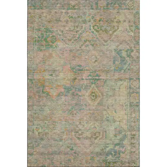 Green Teal And Orange Floral Washable Area Rug With UV Protection Photo 1