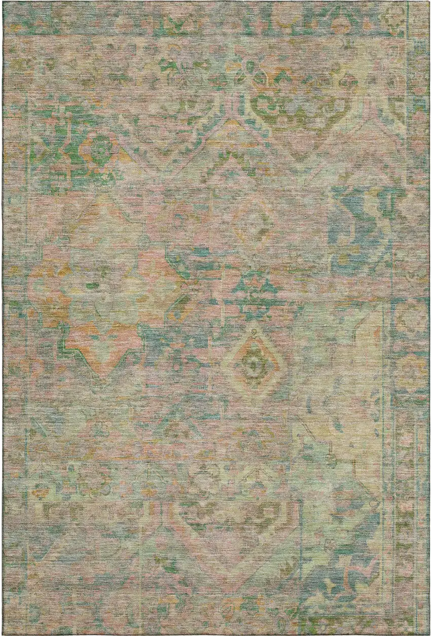 Green Teal And Orange Floral Washable Area Rug With UV Protection Photo 1