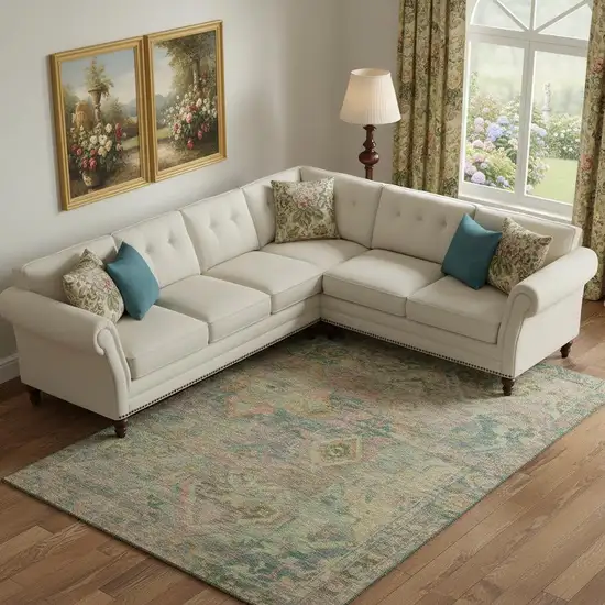 Green Teal And Orange Floral Washable Area Rug With UV Protection Photo 2