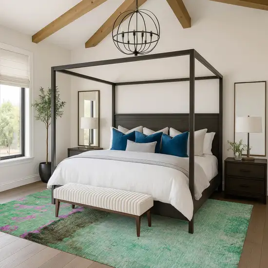 Green Teal And Pink Abstract Washable Area Rug With UV Protection Photo 4