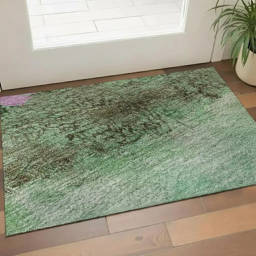 Green Teal And Pink Abstract Washable Area Rug With UV Protection Photo 2