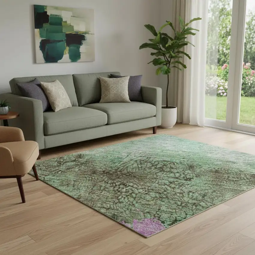 Green Teal And Pink Abstract Washable Area Rug With UV Protection Photo 2