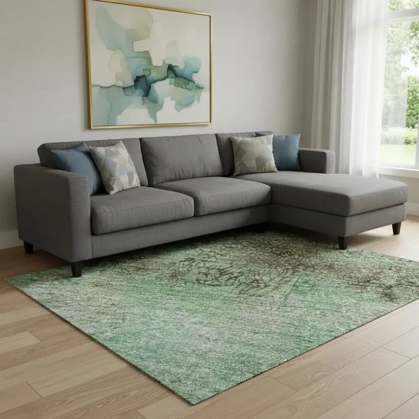 Green Teal And Pink Abstract Washable Area Rug With UV Protection Photo 2