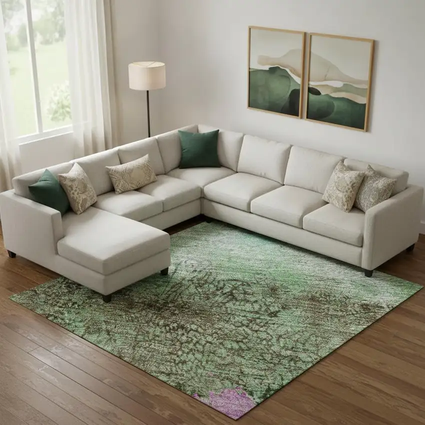 Green Teal And Pink Abstract Washable Area Rug With UV Protection Photo 2