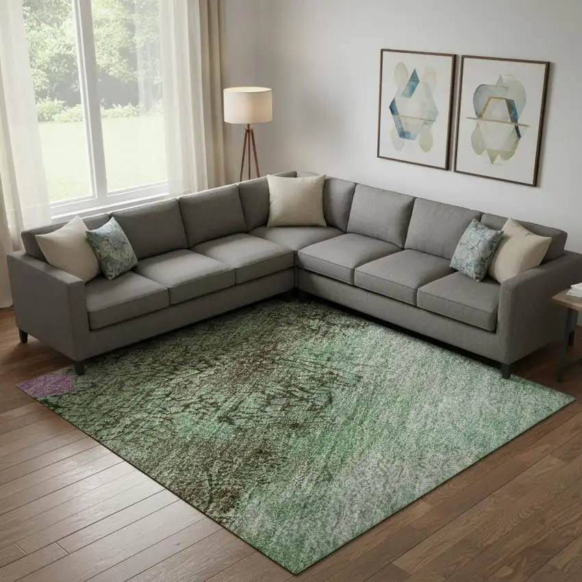 Green Teal And Pink Abstract Washable Area Rug With UV Protection Photo 2