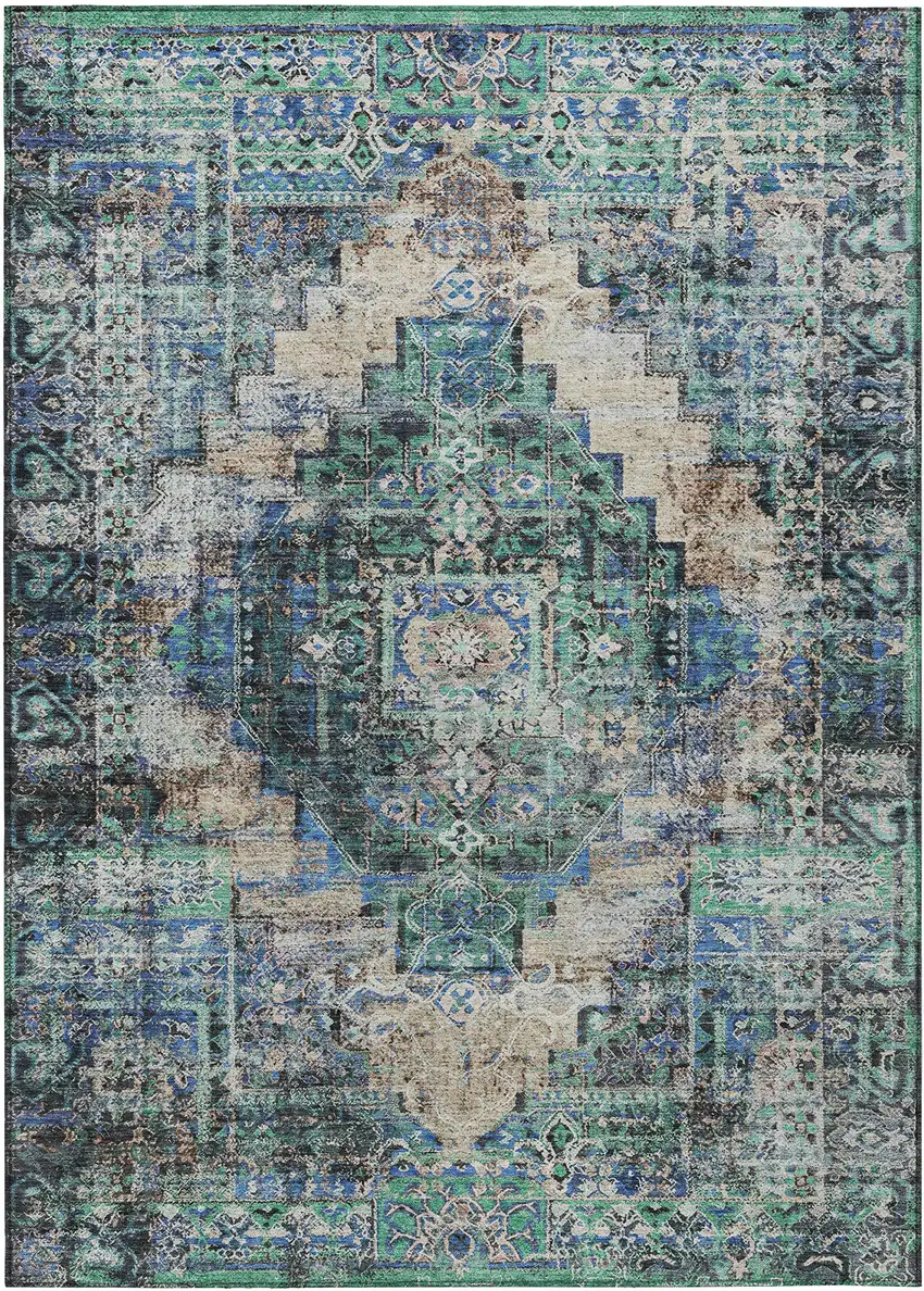 Green Teal Blue And Beige Medallion Washable Indoor Outdoor Area Rug Photo 1