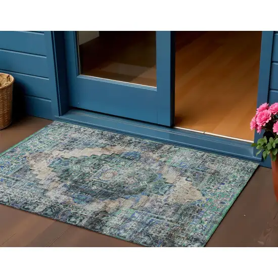 Green Teal Blue And Beige Medallion Washable Indoor Outdoor Area Rug Photo 2