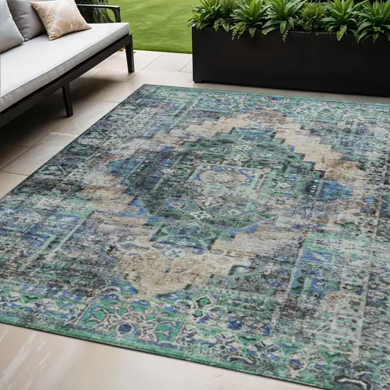 Green Teal Blue And Beige Medallion Washable Indoor Outdoor Area Rug Photo 2