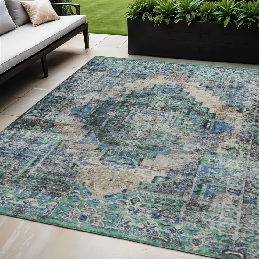 Green Teal Blue And Beige Medallion Washable Indoor Outdoor Area Rug Photo 2