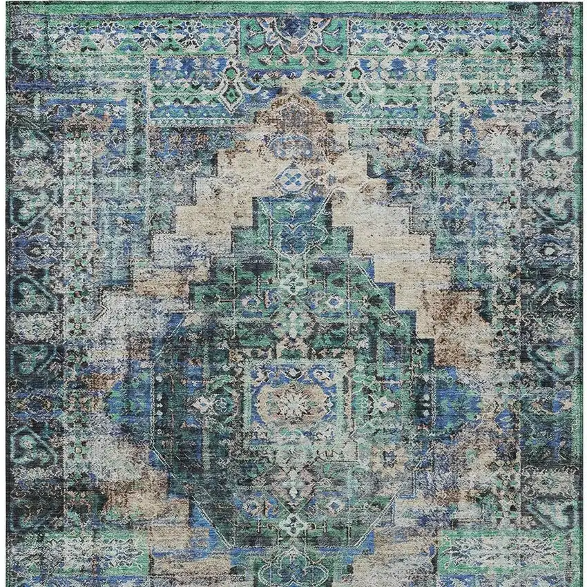 Green Teal Blue And Beige Medallion Washable Indoor Outdoor Area Rug Photo 3
