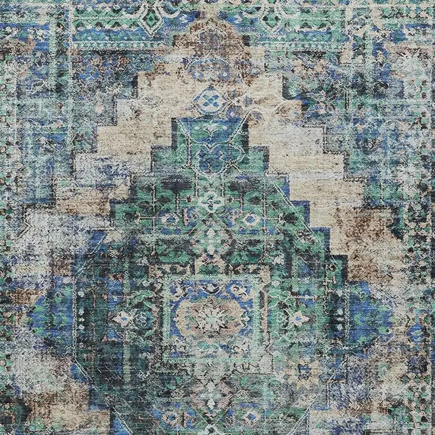 Green Teal Blue And Beige Medallion Washable Indoor Outdoor Area Rug Photo 6