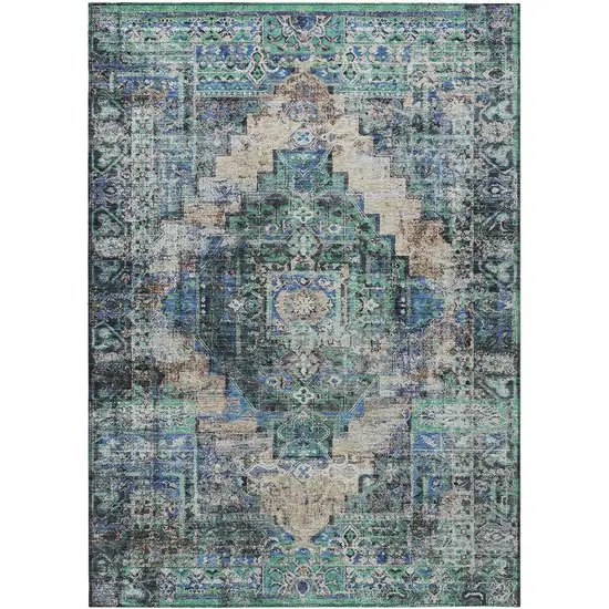 Green Teal Blue And Beige Medallion Washable Indoor Outdoor Area Rug Photo 1