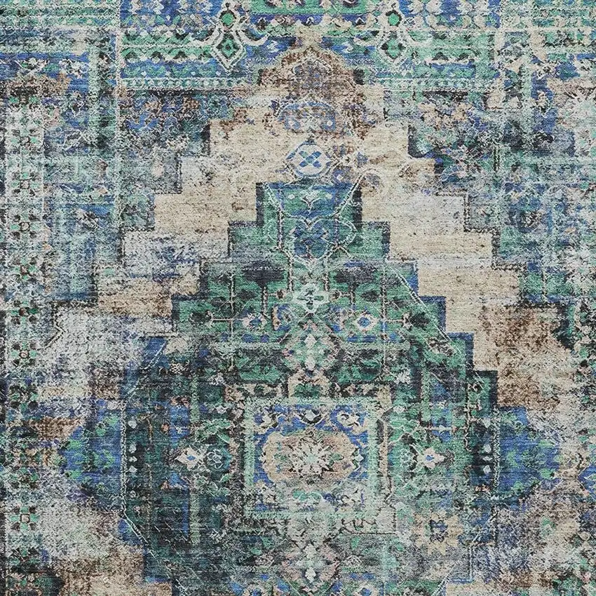 Green Teal Blue And Beige Medallion Washable Indoor Outdoor Area Rug Photo 6