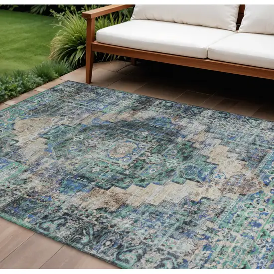 Green Teal Blue And Beige Medallion Washable Indoor Outdoor Area Rug Photo 2