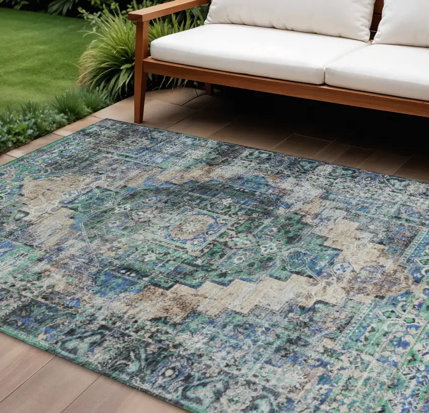 Green Teal Blue And Beige Medallion Washable Indoor Outdoor Area Rug Photo 2