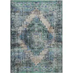 Photo of Green Teal Blue And Beige Medallion Washable Indoor Outdoor Area Rug