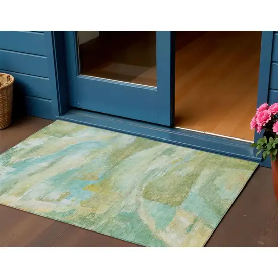 Green Teal Blue And Copper Abstract Washable Indoor Outdoor Area Rug Photo 2