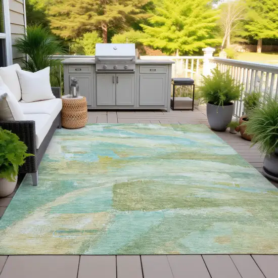 Green Teal Blue And Copper Abstract Washable Indoor Outdoor Area Rug Photo 5