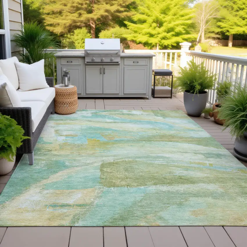 Green Teal Blue And Copper Abstract Washable Indoor Outdoor Area Rug Photo 5