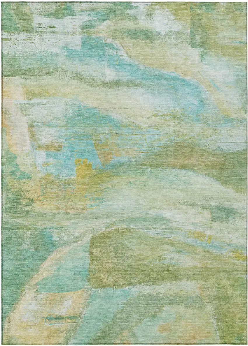 Green Teal Blue And Copper Abstract Washable Indoor Outdoor Area Rug Photo 1