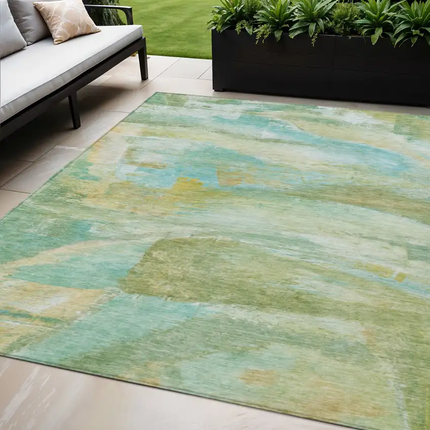 Green Teal Blue And Copper Abstract Washable Indoor Outdoor Area Rug Photo 2