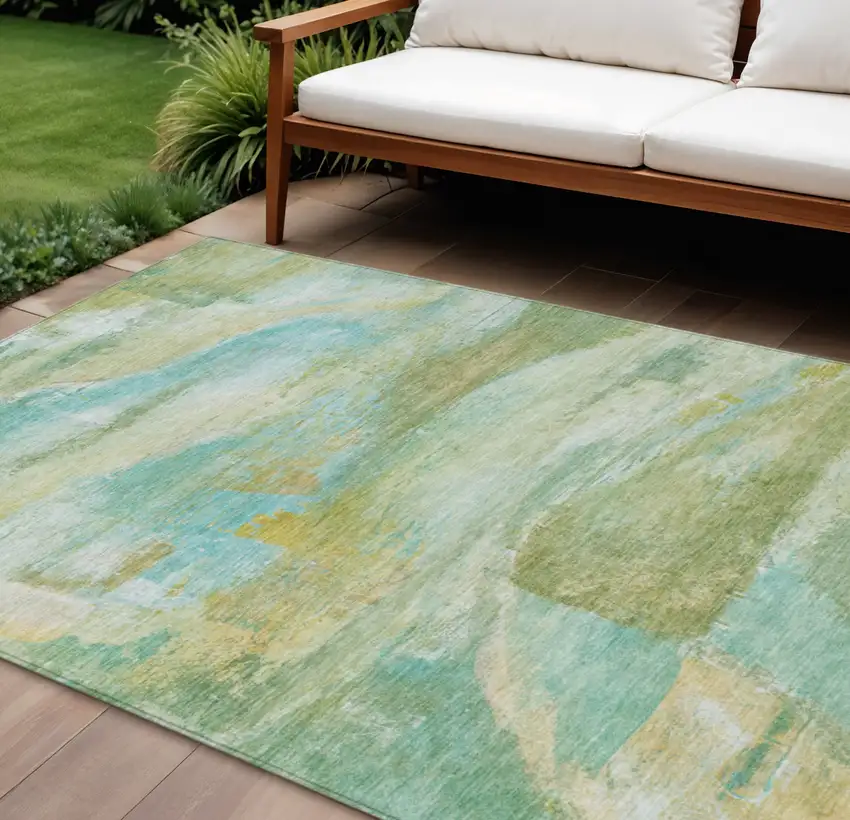 Green Teal Blue And Copper Abstract Washable Indoor Outdoor Area Rug Photo 2
