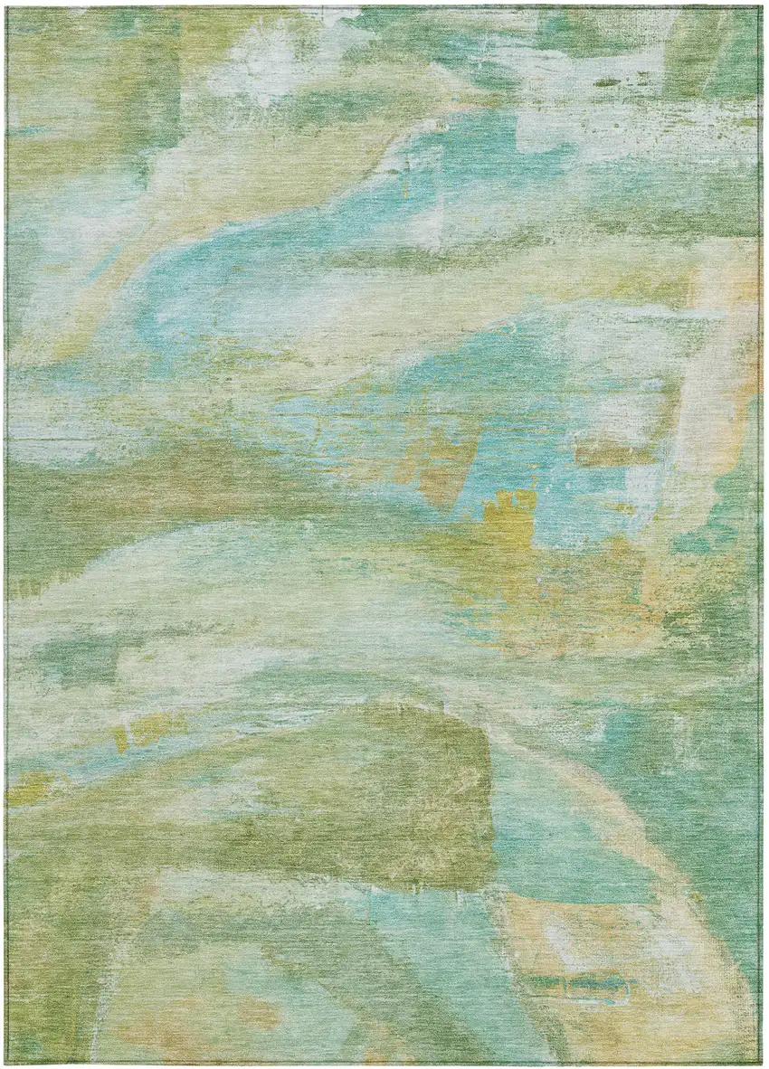 Green Teal Blue And Copper Abstract Washable Indoor Outdoor Area Rug Photo 1