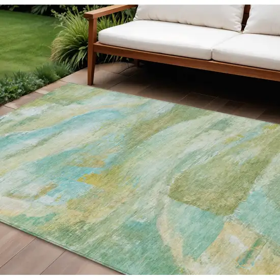 Green Teal Blue And Copper Abstract Washable Indoor Outdoor Area Rug Photo 2