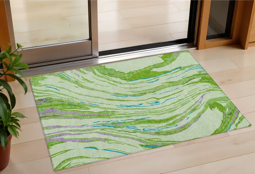 Green Teal Blue And Purple Abstract Washable Indoor Outdoor Area Rug Photo 1