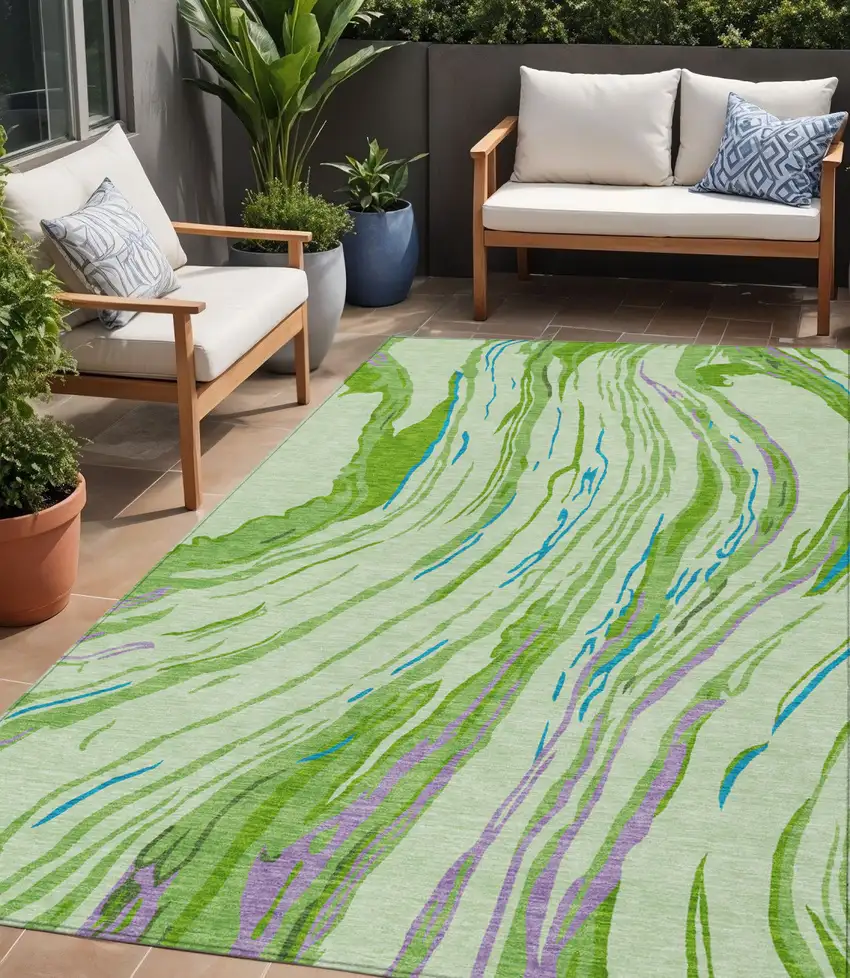 Green Teal Blue And Purple Abstract Washable Indoor Outdoor Area Rug Photo 1