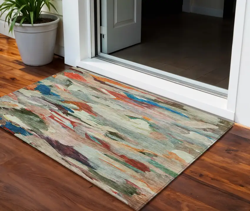 Green Teal Blue And Terra Cotta Abstract Washable Indoor Outdoor Area Rug Photo 1