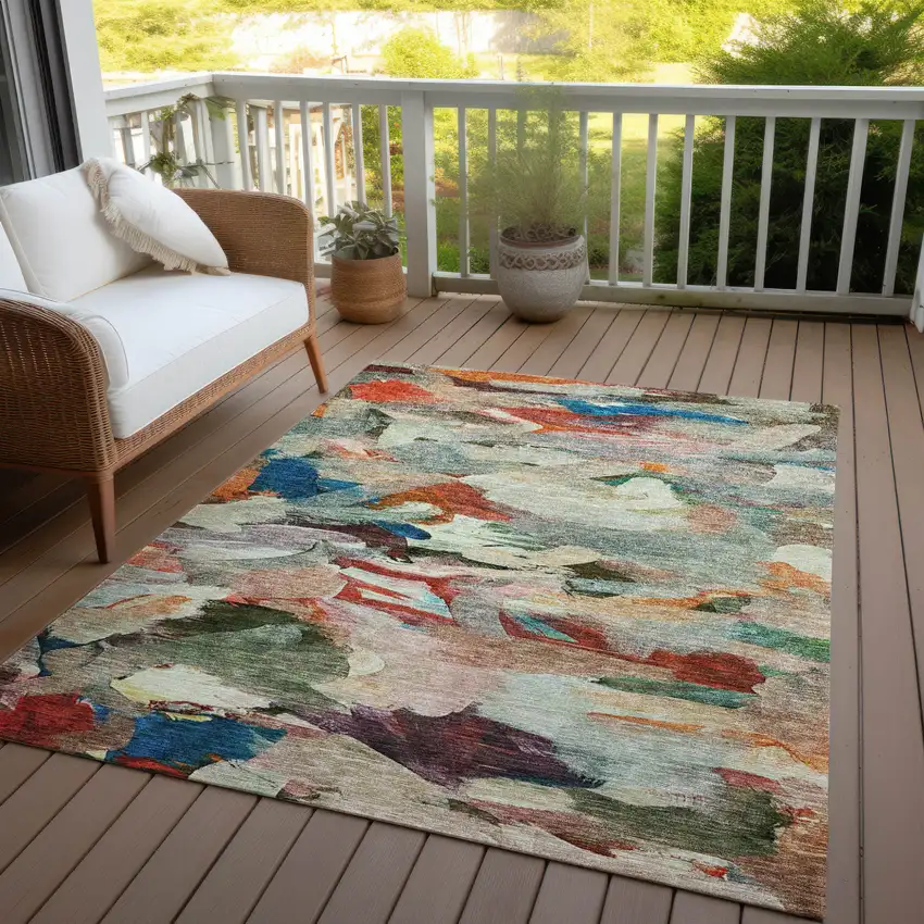 Green Teal Blue And Terra Cotta Abstract Washable Indoor Outdoor Area Rug Photo 8