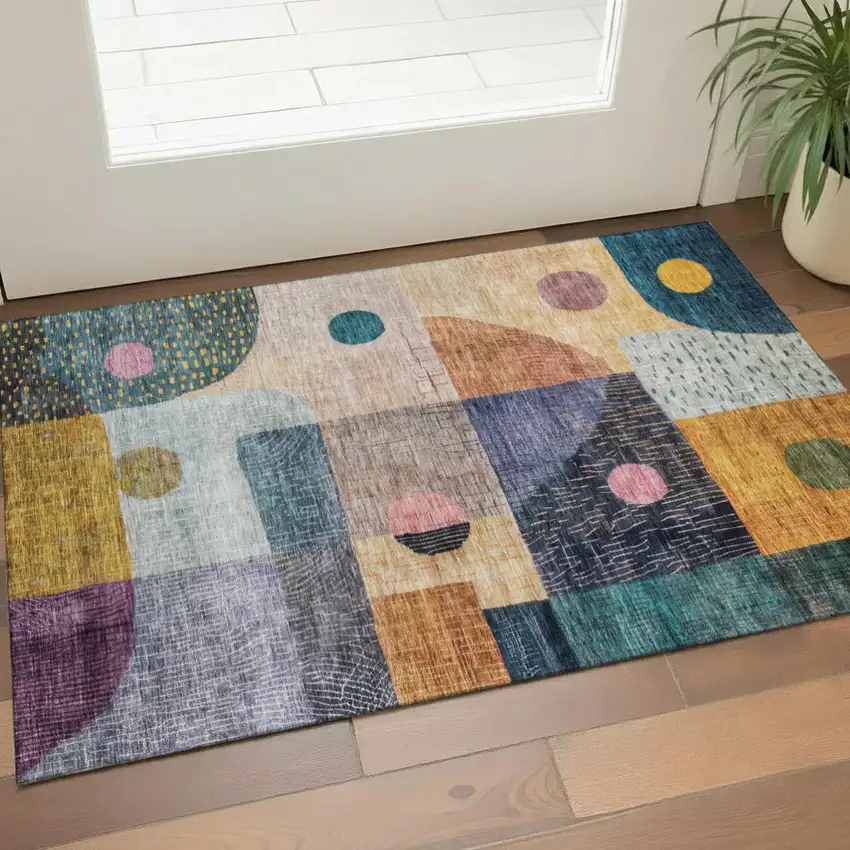Green Teal Orange And Purple Geometric Washable Area Rug With UV Protection Photo 1