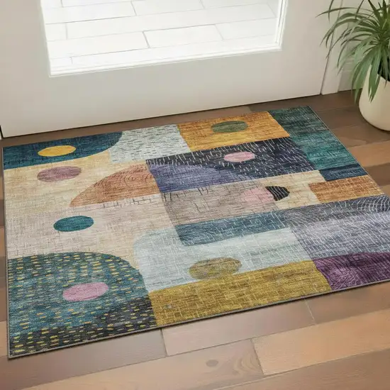 Green Teal Orange And Purple Geometric Washable Area Rug With UV Protection Photo 2