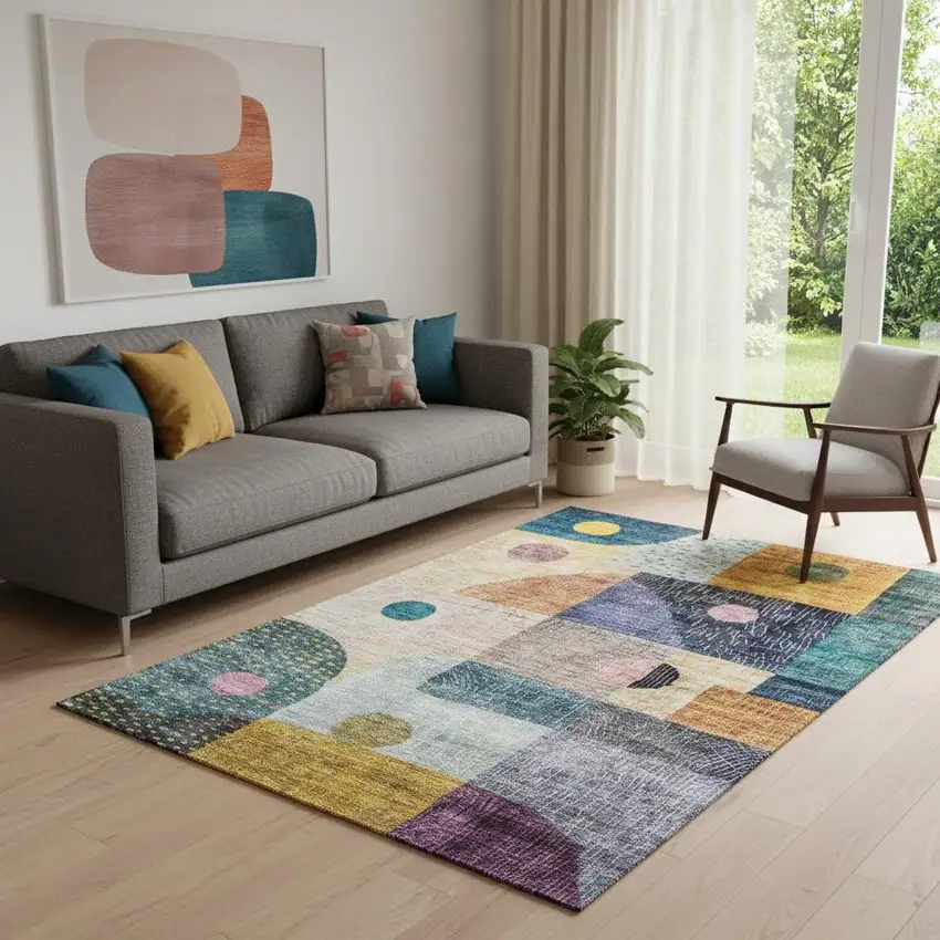 Green Teal Orange And Purple Geometric Washable Area Rug With UV Protection Photo 2