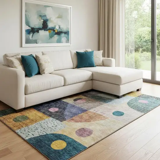 Green Teal Orange And Purple Geometric Washable Area Rug With UV Protection Photo 2