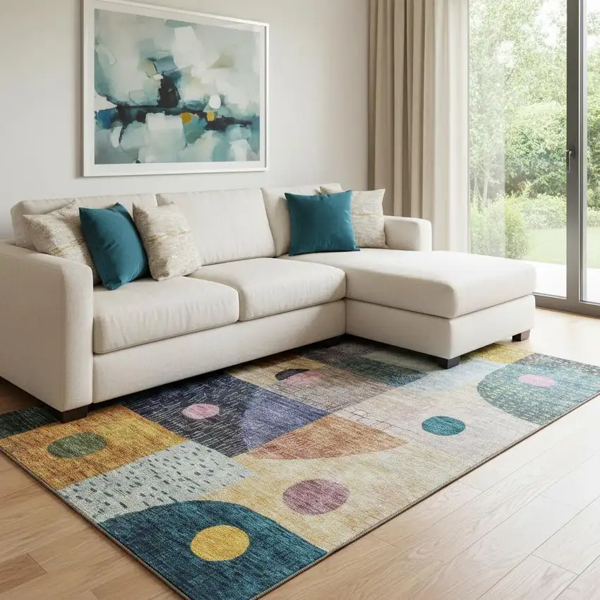 Green Teal Orange And Purple Geometric Washable Area Rug With UV Protection Photo 2