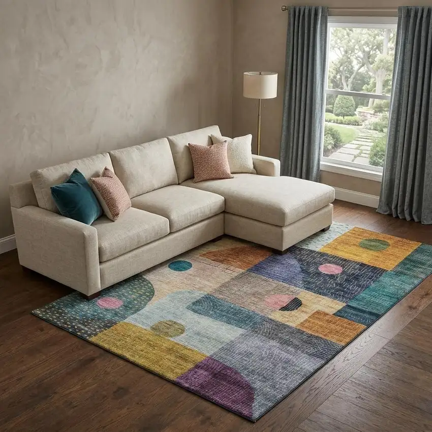 Green Teal Orange And Purple Geometric Washable Area Rug With UV Protection Photo 1