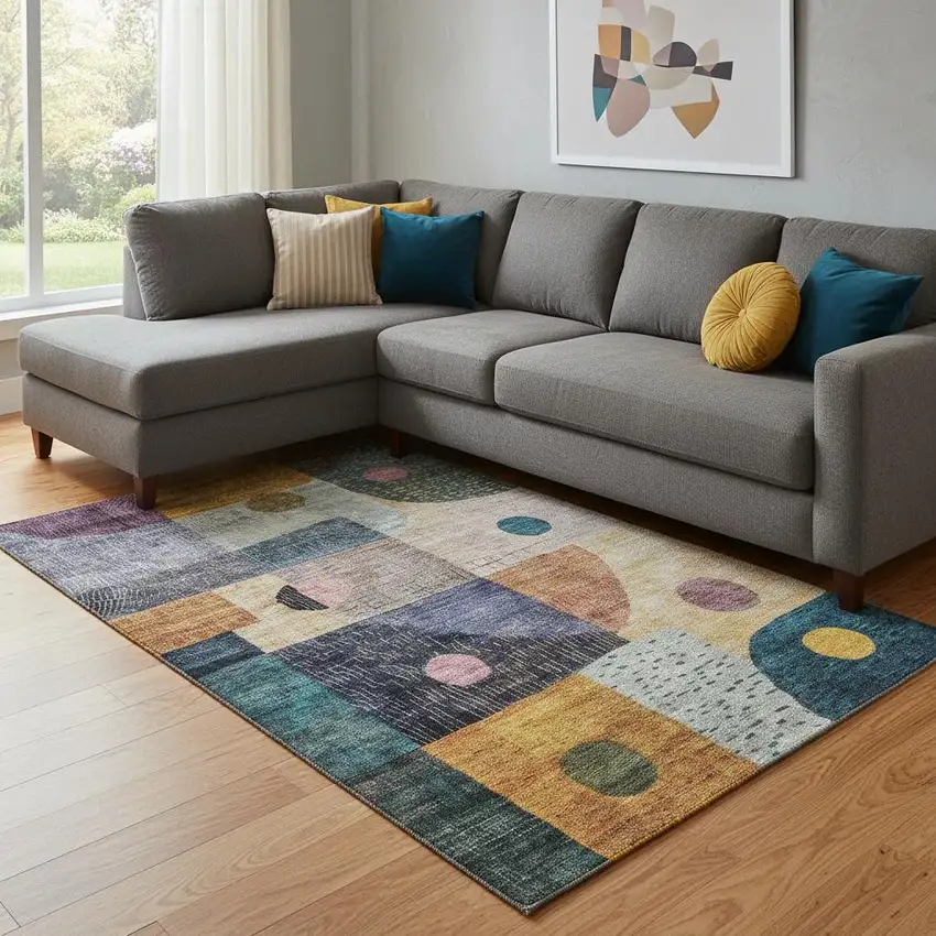 Green Teal Orange And Purple Geometric Washable Area Rug With UV Protection Photo 2