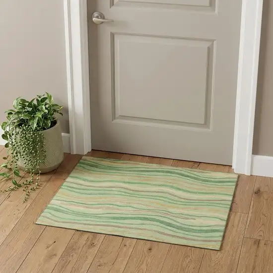 Green Wheat And Ivory Striped Washable Area Rug With UV Protection Photo 1