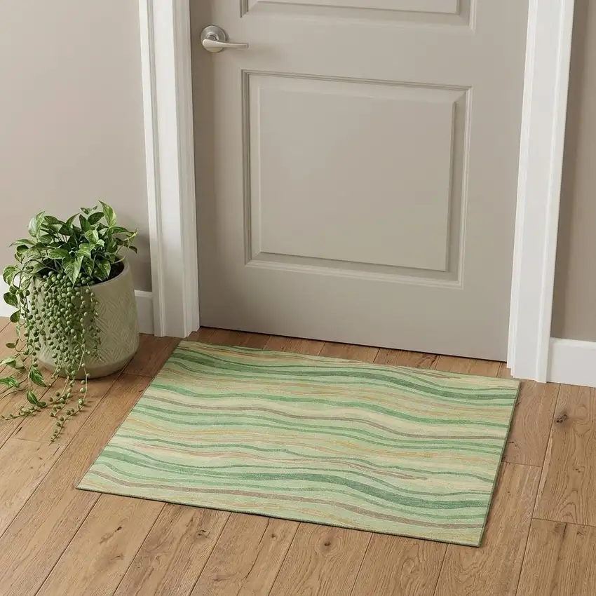 Green Wheat And Ivory Striped Washable Area Rug With UV Protection Photo 1