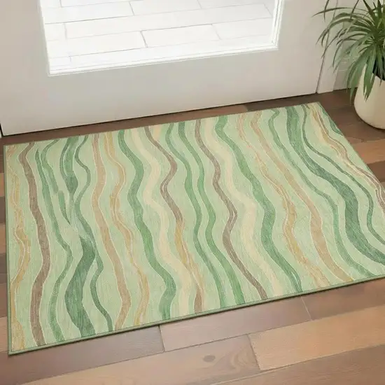 Green Wheat And Ivory Striped Washable Area Rug With UV Protection Photo 2